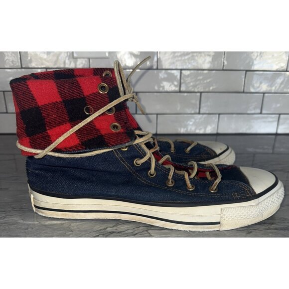 Converse Mens 9.5 Vintage NeeHi Tall High USA Made Denim Fold Over Plaid Sneaker - Picture 3 of 10